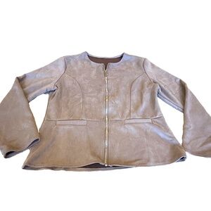 Faux Suede Full Zip Women's Jacket; Taupe; Long Sleeve; Size Medium